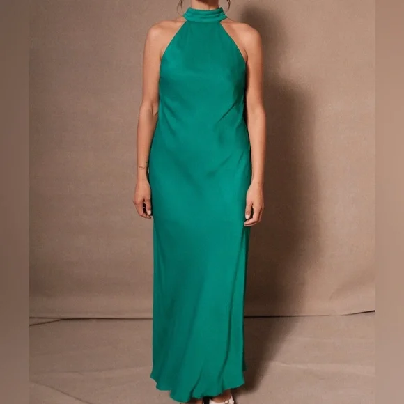 Meshki Claire Green Satin Drape Back Maxi Dress with Split - Picture 6 of 11